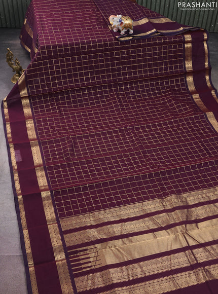 Kanchi cotton saree deep wine shade with allover zari checked pattern and rettapet zari woven border