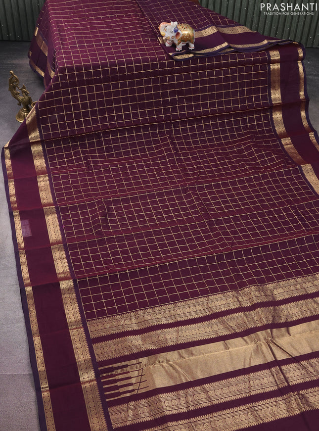 Kanchi cotton saree deep wine shade with allover zari checked pattern and rettapet zari woven border