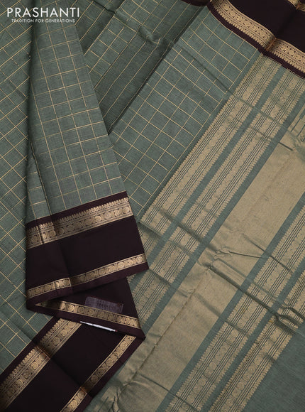 Kanchi cotton saree pastel green and coffee brown with allover zari checked pattern and rettapet zari woven border