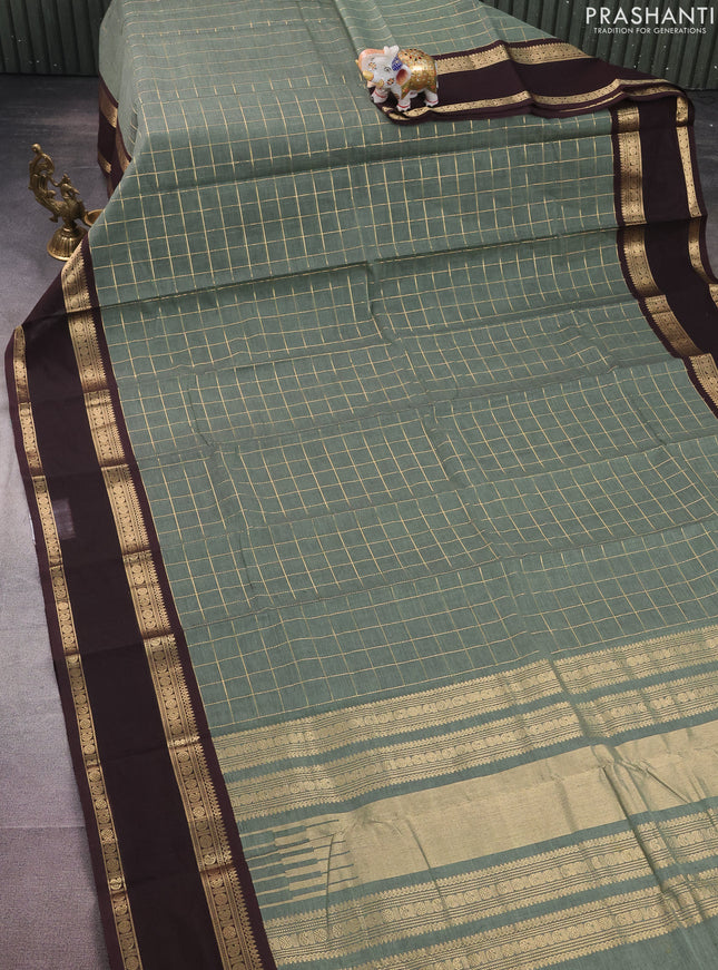 Kanchi cotton saree pastel green and coffee brown with allover zari checked pattern and rettapet zari woven border