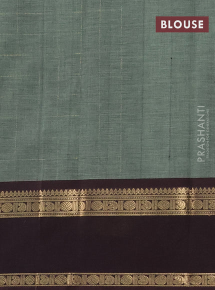 Kanchi cotton saree pastel green and coffee brown with allover zari checked pattern and rettapet zari woven border
