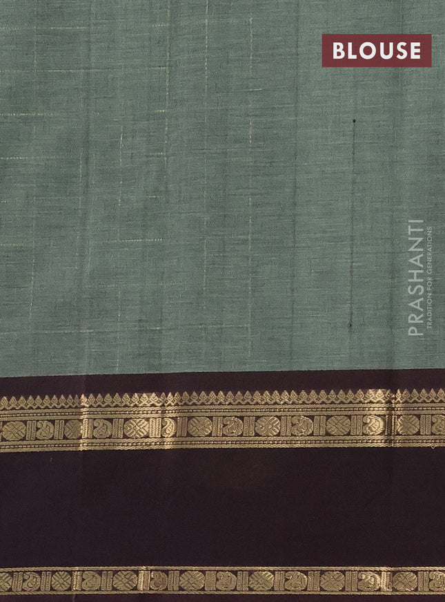 Kanchi cotton saree pastel green and coffee brown with allover zari checked pattern and rettapet zari woven border