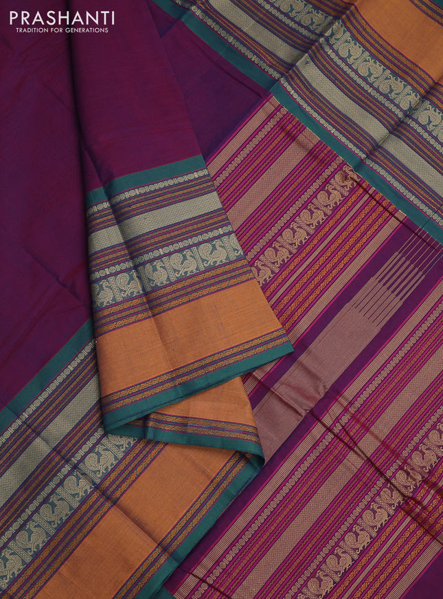 Kanchi cotton saree dual shade of purple and green with plain body and long thread woven border