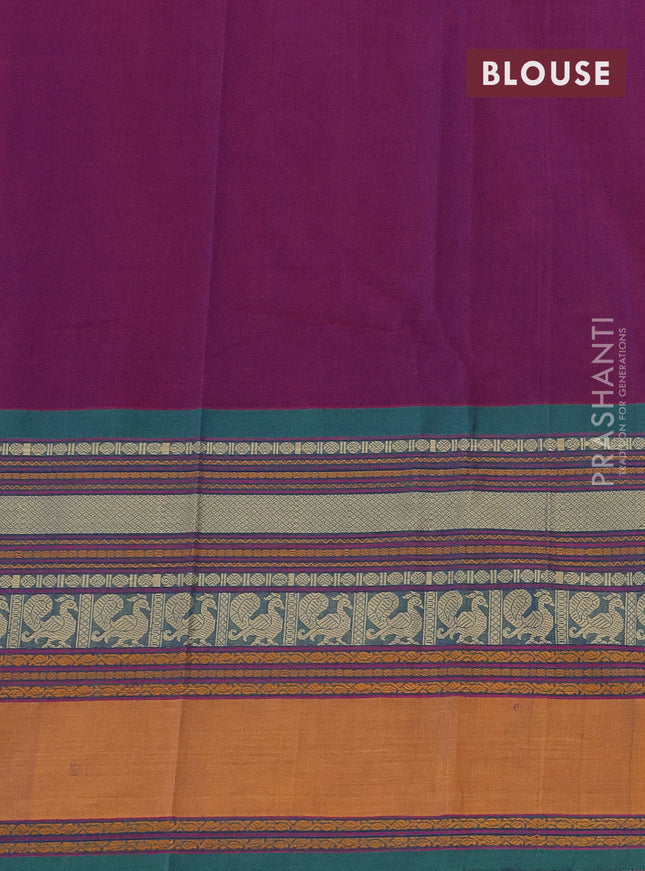 Kanchi cotton saree dual shade of purple and green with plain body and long thread woven border