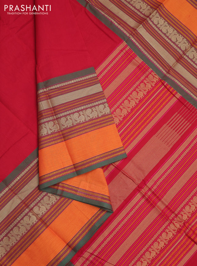 Kanchi cotton saree red and green with plain body and long thread woven border