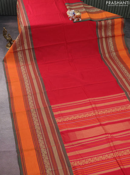 Kanchi cotton saree red and green with plain body and long thread woven border