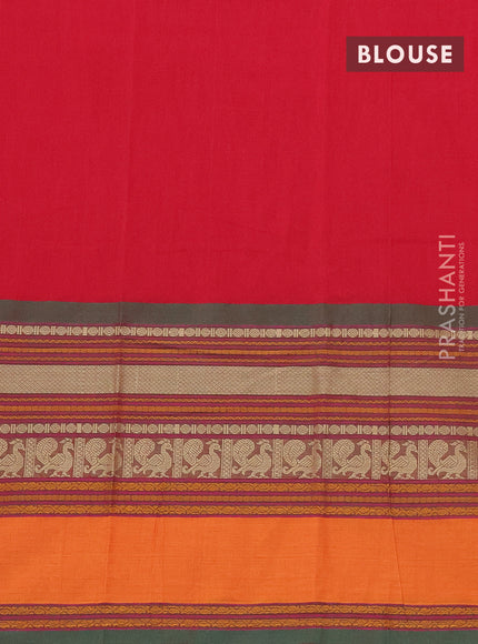 Kanchi cotton saree red and green with plain body and long thread woven border