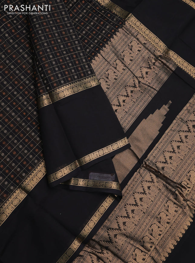 Kanchi cotton saree black with allover thread checked pattern & 1000 buttas and long rettapet zari woven border