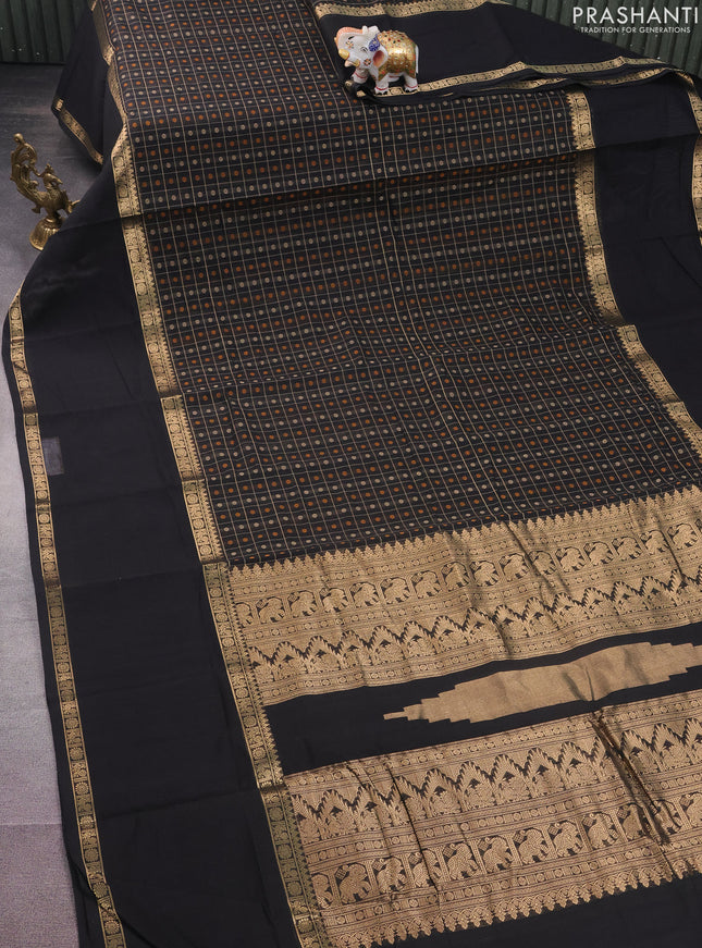 Kanchi cotton saree black with allover thread checked pattern & 1000 buttas and long rettapet zari woven border