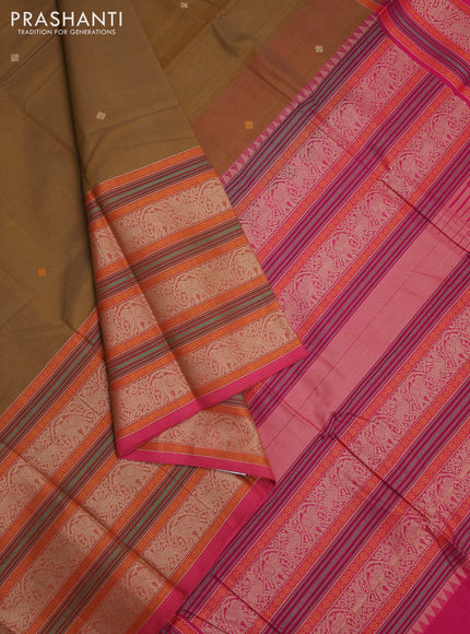 Kanchi cotton saree dark mustard and pink with thread woven buttas and long thread woven border