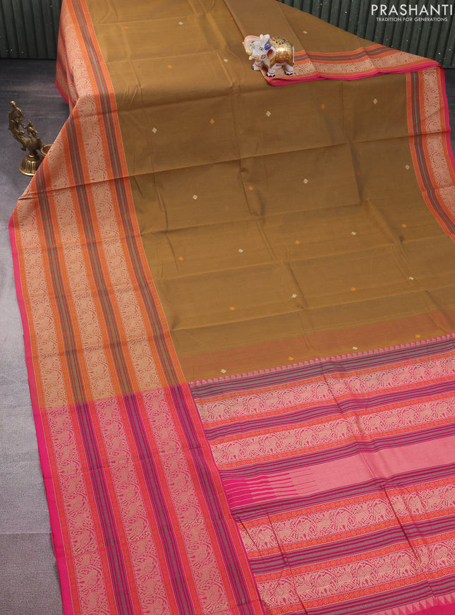 Kanchi cotton saree dark mustard and pink with thread woven buttas and long thread woven border