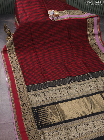 Kanchi cotton saree black and maroon with allover thread checked pattern & 1000 buttas and thread & zari woven border