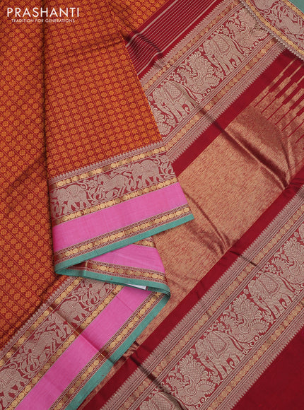 Kanchi cotton saree maroon and mustard yellow with allover thread checked pattern & 1000 buttas and thread & zari woven border