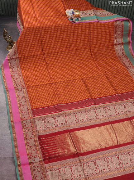 Kanchi cotton saree maroon and mustard yellow with allover thread checked pattern & 1000 buttas and thread & zari woven border