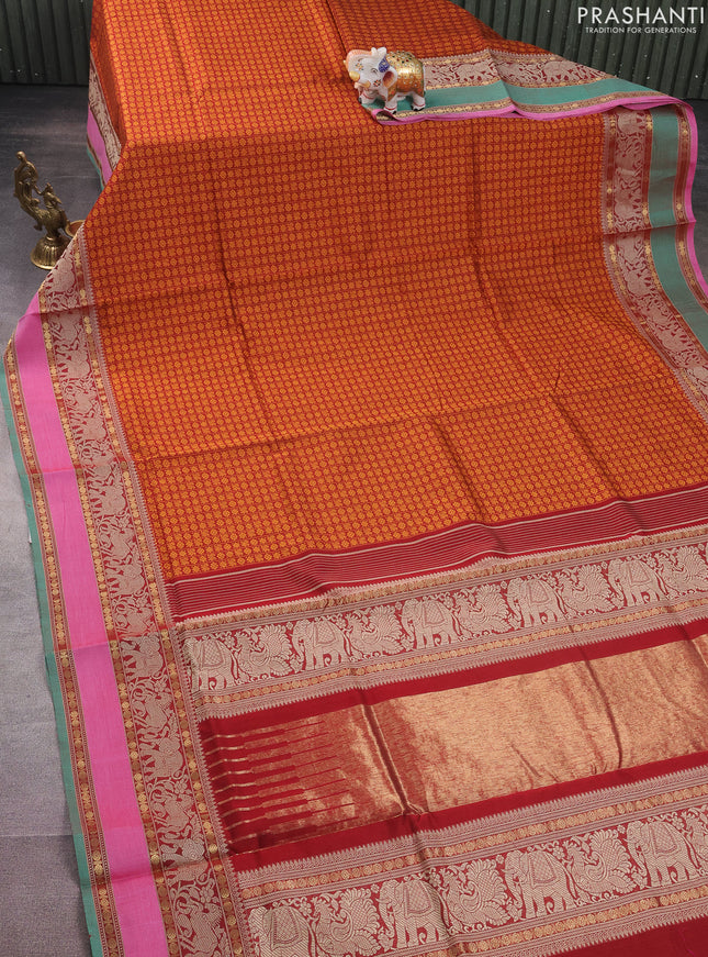 Kanchi cotton saree maroon and mustard yellow with allover thread checked pattern & 1000 buttas and thread & zari woven border