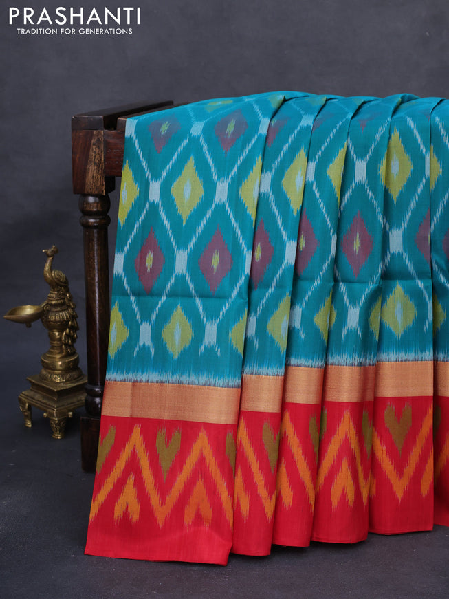 Ikat soft silk saree teal green and red with allover ikat weaves and long zari woven ikat style border