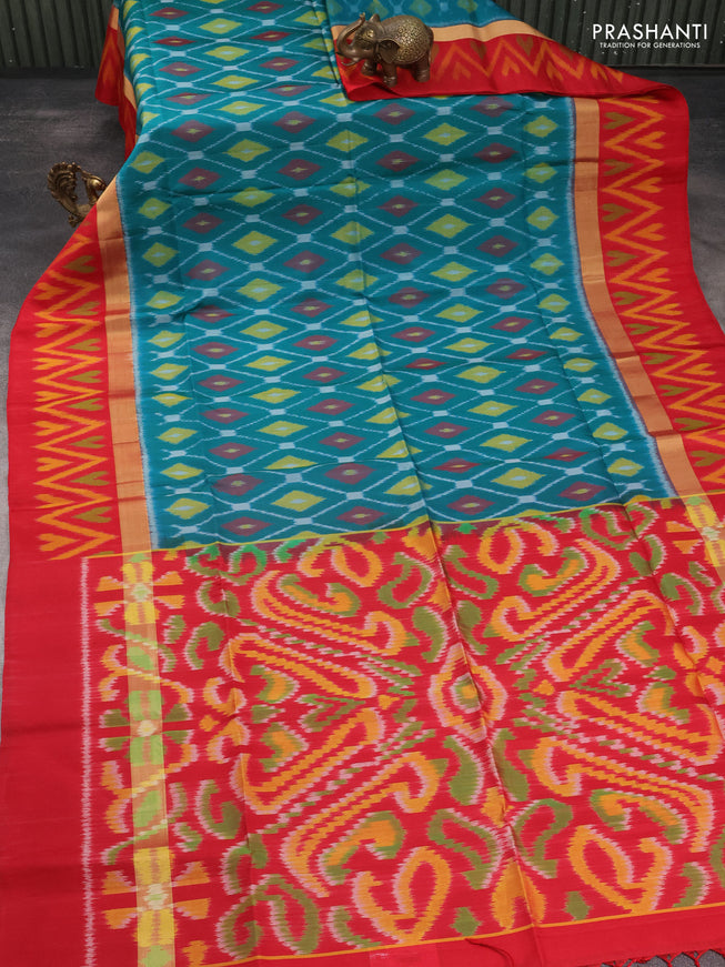 Ikat soft silk saree teal green and red with allover ikat weaves and long zari woven ikat style border