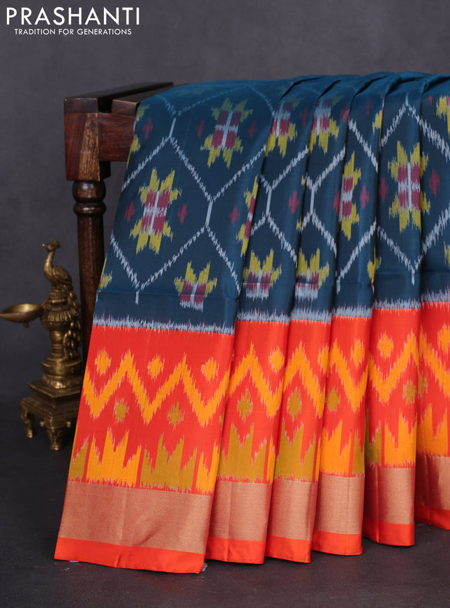 Ikat soft silk saree peacock green and orange with allover ikat weaves and zari woven border