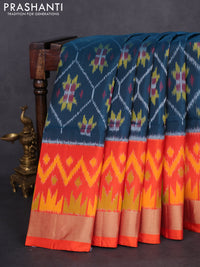 Ikat soft silk saree peacock green and orange with allover ikat weaves and zari woven border