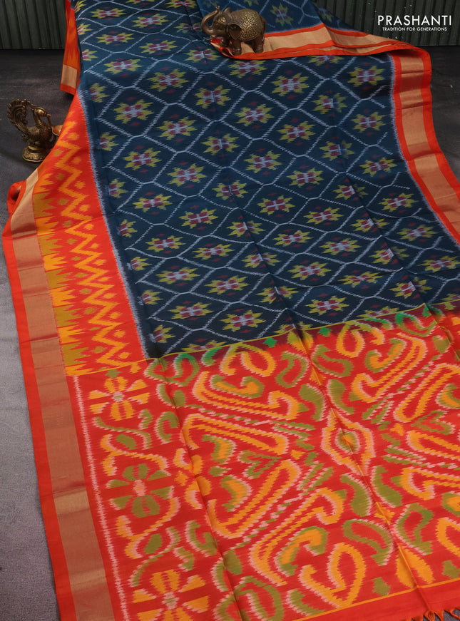 Ikat soft silk saree peacock green and orange with allover ikat weaves and zari woven border