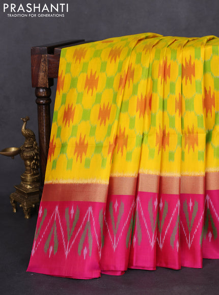 Ikat soft silk saree yellow and pink with allover ikat weaves and long zari woven ikat style border