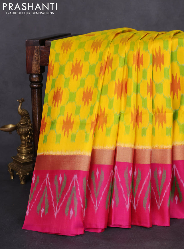 Ikat soft silk saree yellow and pink with allover ikat weaves and long zari woven ikat style border