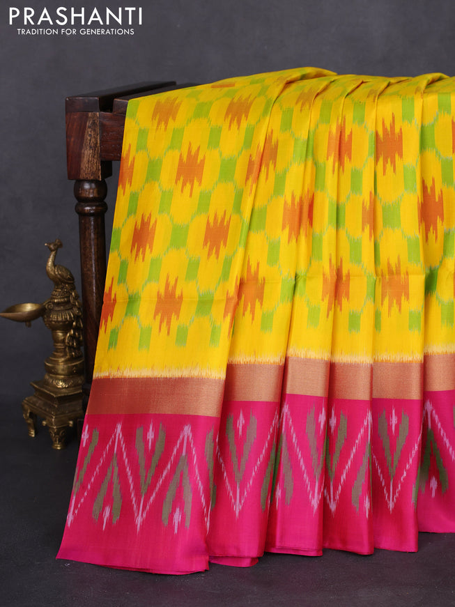 Ikat soft silk saree yellow and pink with allover ikat weaves and long zari woven ikat style border