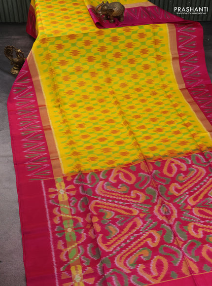Ikat soft silk saree yellow and pink with allover ikat weaves and long zari woven ikat style border