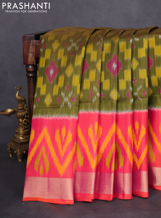 Ikat soft silk saree mehendi green and pink with allover ikat weaves and long zari woven ikat style border