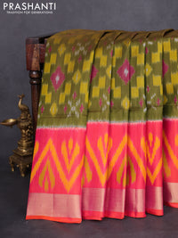 Ikat soft silk saree mehendi green and pink with allover ikat weaves and long zari woven ikat style border