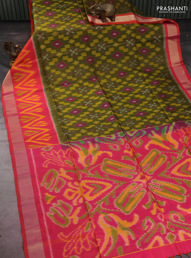 Ikat soft silk saree mehendi green and pink with allover ikat weaves and long zari woven ikat style border