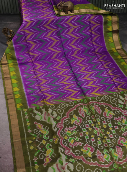 Ikat soft silk saree purple and mehendi green with allover ikat weaves and temple design zari woven border
