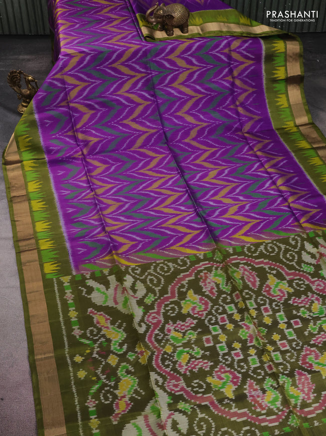 Ikat soft silk saree purple and mehendi green with allover ikat weaves and temple design zari woven border
