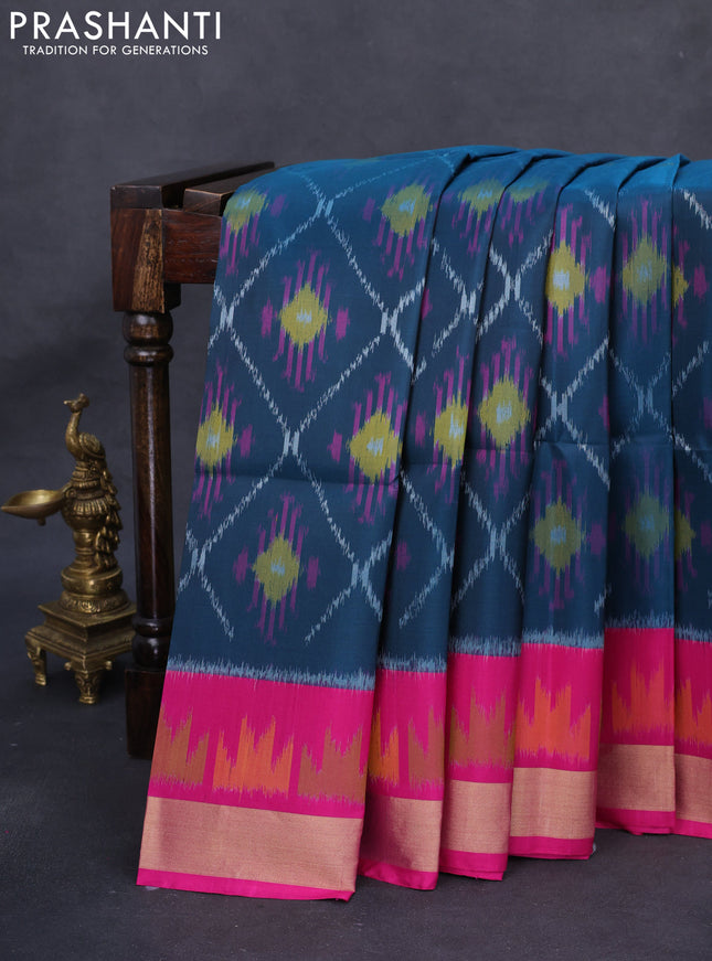 Ikat soft silk saree peacock blue and pink with allover ikat weaves and temple design zari woven border
