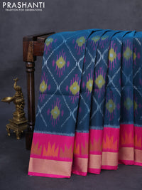 Ikat soft silk saree peacock blue and pink with allover ikat weaves and temple design zari woven border