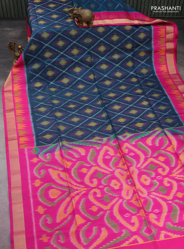 Ikat soft silk saree peacock blue and pink with allover ikat weaves and temple design zari woven border