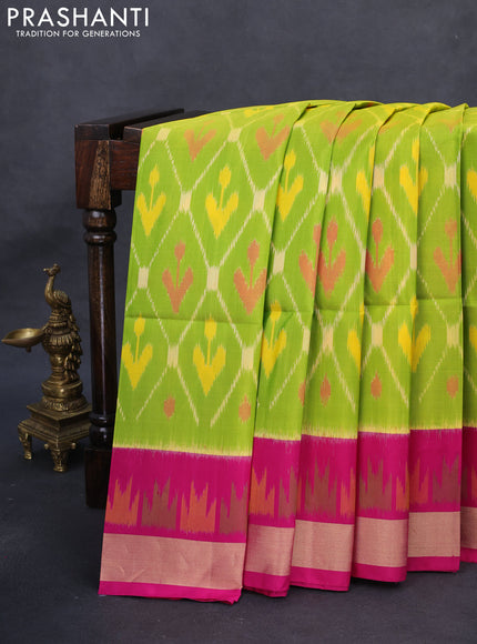 Ikat soft silk saree fluorscent green and pink with allover ikat weaves and temple design zari woven border