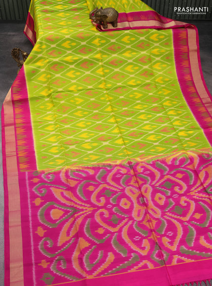 Ikat soft silk saree fluorscent green and pink with allover ikat weaves and temple design zari woven border