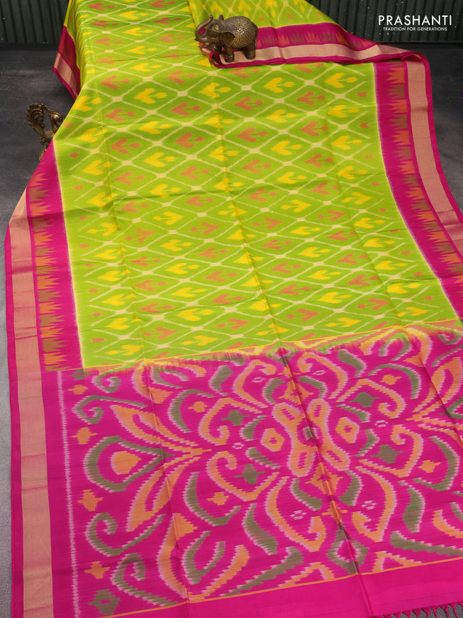 Ikat soft silk saree fluorscent green and pink with allover ikat weaves and temple design zari woven border