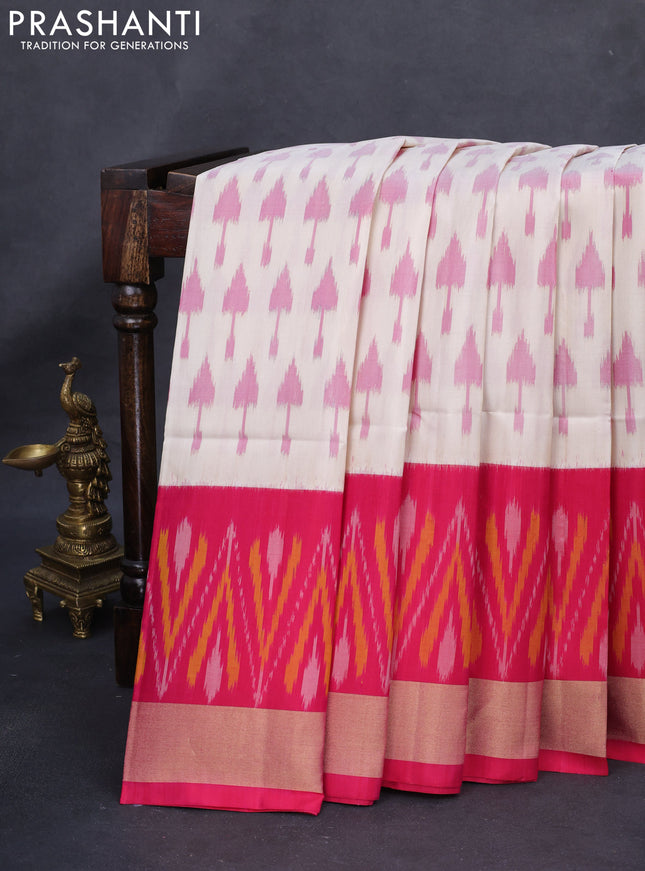 Ikat soft silk saree cream and pink with allover ikat butta weaves and long ikat woven zari border