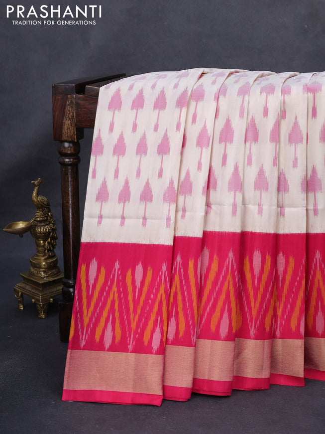 Ikat soft silk saree cream and pink with allover ikat butta weaves and long ikat woven zari border