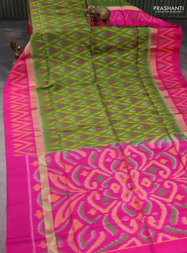 Ikat soft silk saree sap green and pink with allover ikat weaves and long zari woven ikat style border