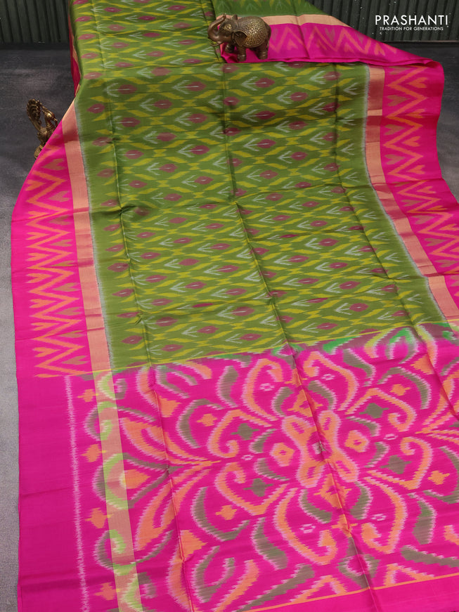 Ikat soft silk saree sap green and pink with allover ikat weaves and long zari woven ikat style border