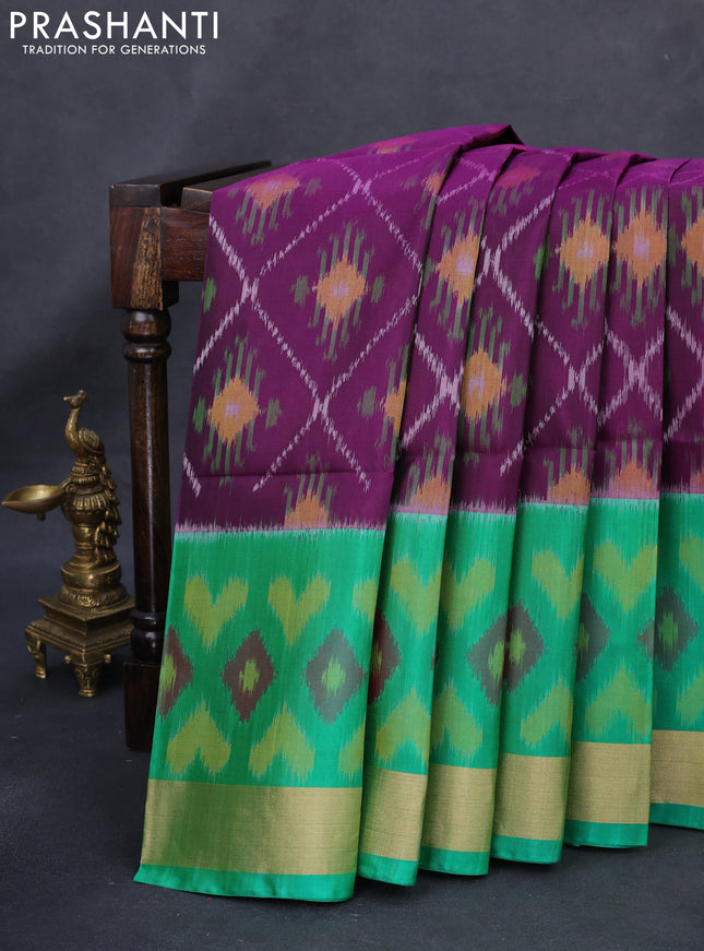 Ikat soft silk saree deep purple and green with allover ikat weaves and long zari woven ikat style border
