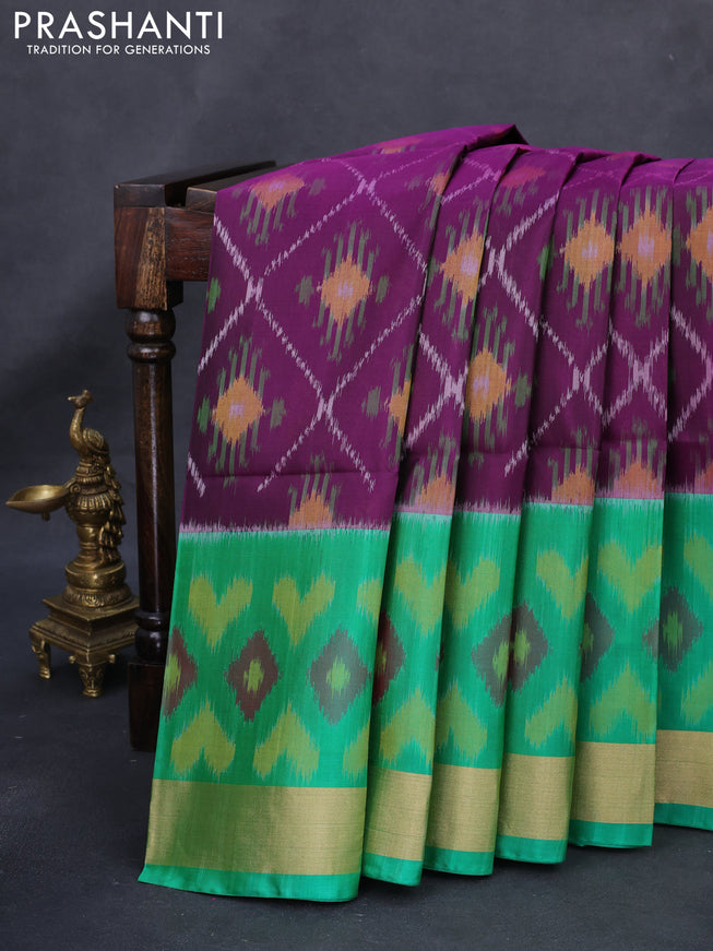 Ikat soft silk saree deep purple and green with allover ikat weaves and long zari woven ikat style border