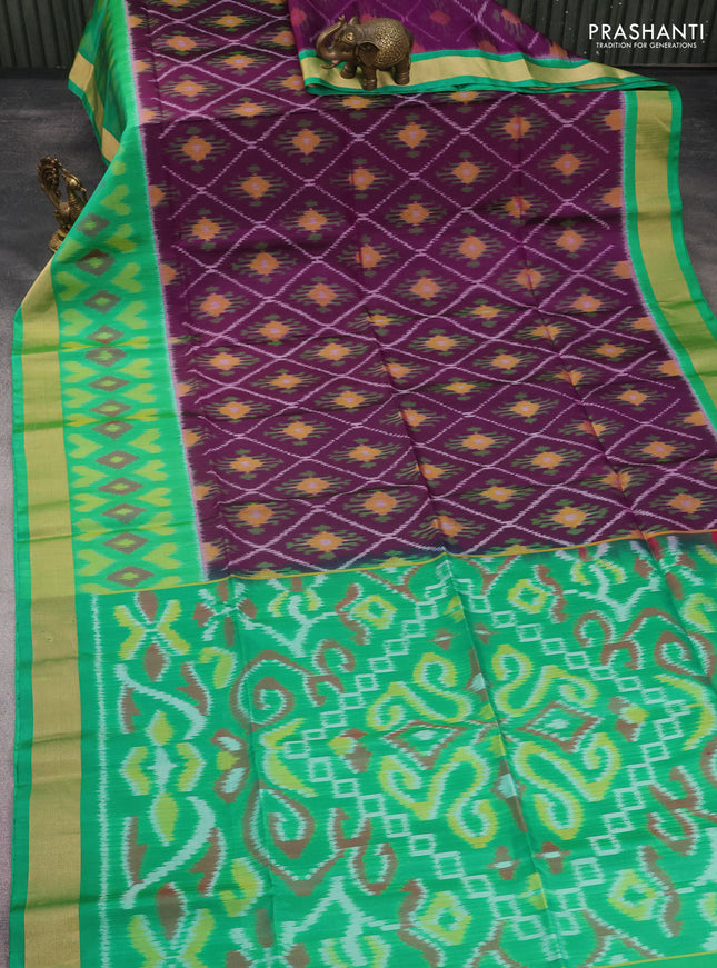Ikat soft silk saree deep purple and green with allover ikat weaves and long zari woven ikat style border