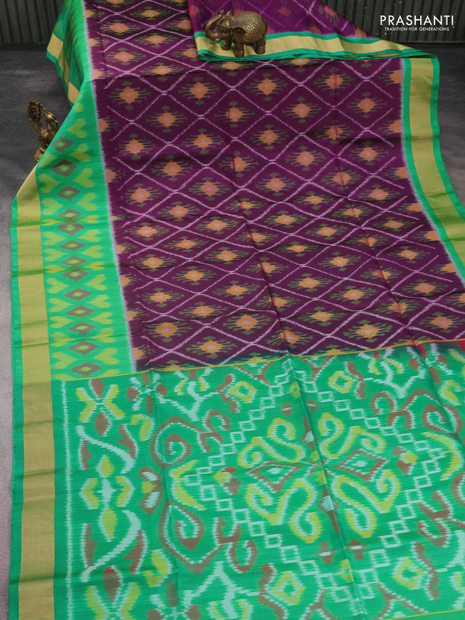 Ikat soft silk saree deep purple and green with allover ikat weaves and long zari woven ikat style border