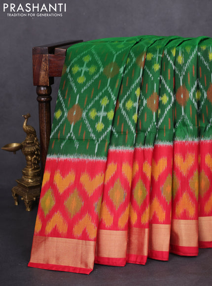 Ikat soft silk saree green and red with allover ikat weaves and long zari woven ikat style border