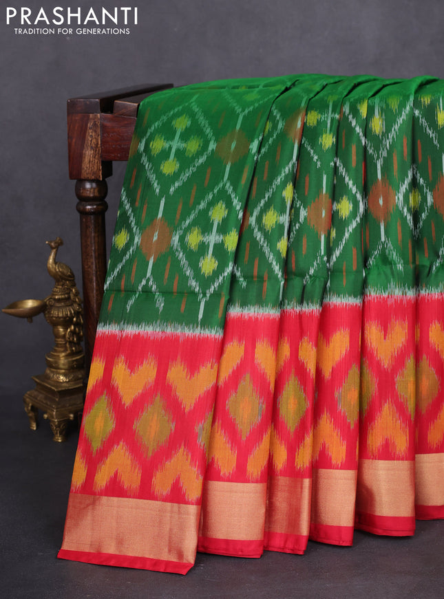 Ikat soft silk saree green and red with allover ikat weaves and long zari woven ikat style border