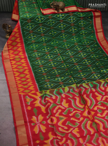 Ikat soft silk saree green and red with allover ikat weaves and long zari woven ikat style border